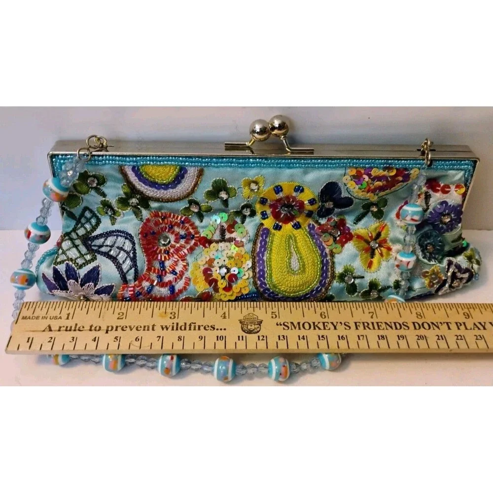 Vtg Y2K Beaded Sequin Mosaic Clutch Purse Kiss Lock Colorful Boho Evening Bag